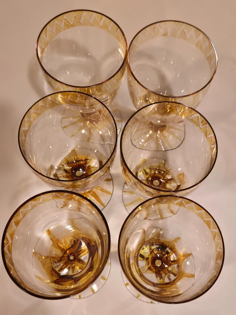Vintage Stemmed Wine Glasses With Amber Detail X 6